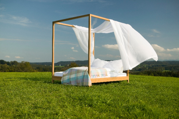 Make your bed a canopy bed with white linen in a grassy field