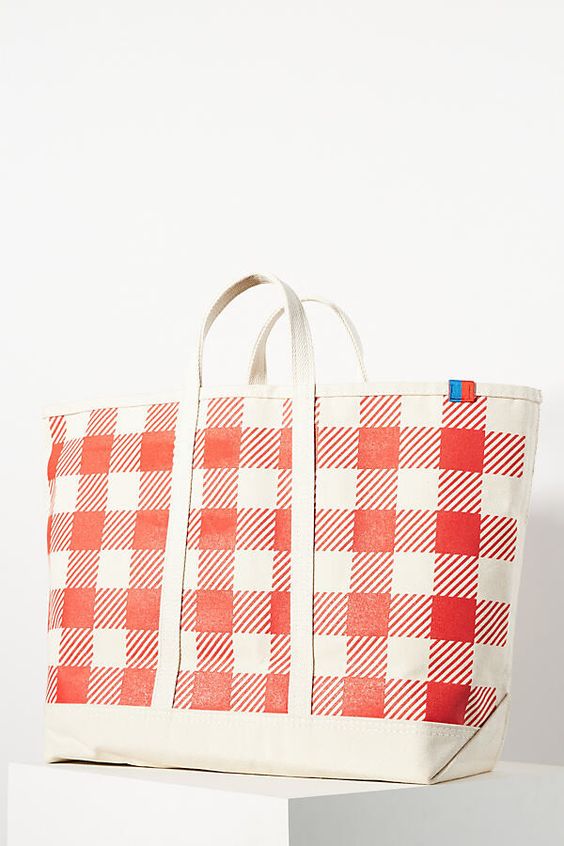 red and white check tote