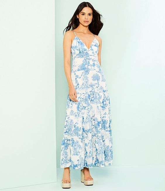 blue and white toile summer dress