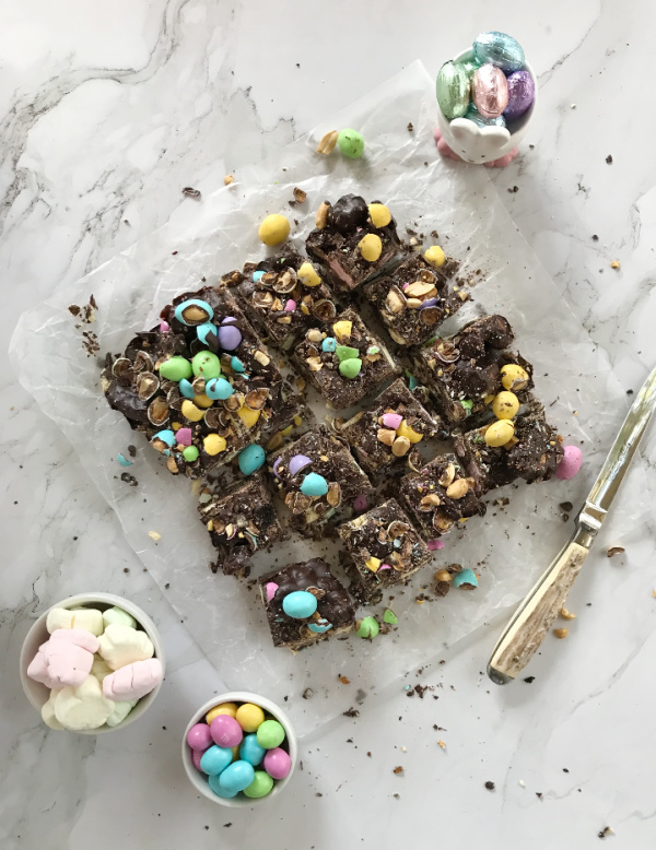 Easter Rocky Road Candy with M&M peanuts
