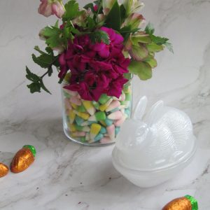 Easy Easter floral arrangement with geraniums and herbs