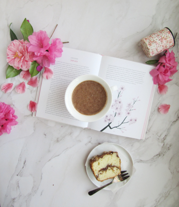 Friday Favorites flatlay book azaleas camellia chocolate and cake
