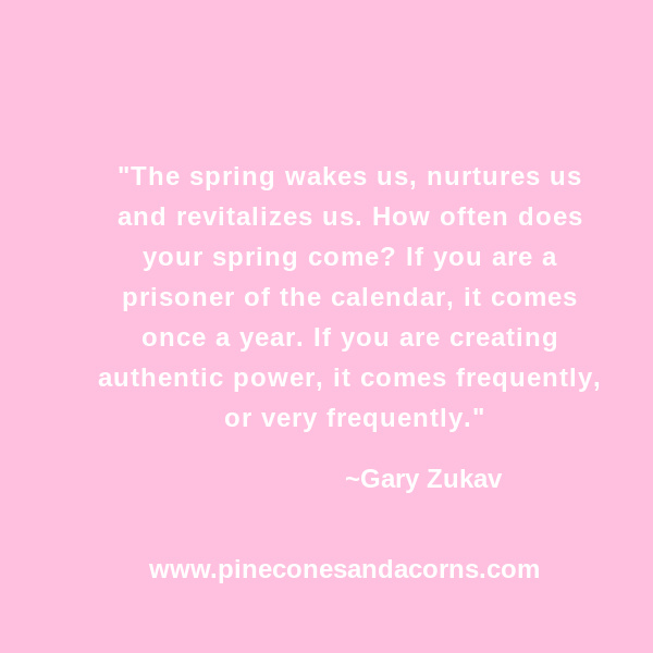 Weekend Meanderings The spring wakes us, nurtures us and revitalizes us. How often does your spring come? If you are a prisoner of the calendar, it comes once a year. If you are creating authentic power, it comes frequently, or very frequently.