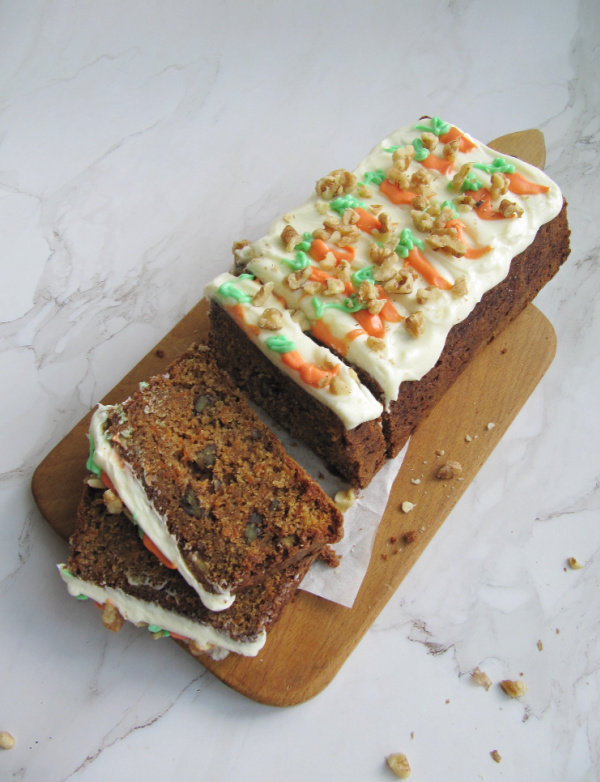 carrot load cake quick bread with cream cheese frosting