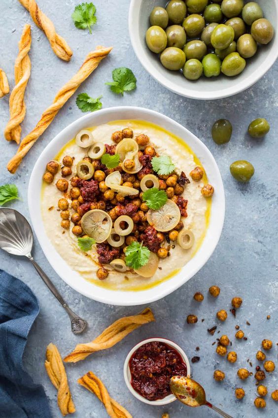Friday Favorites Hummus Bowl With Crispy North African Chickpeas and Tomato, Chilli and Caraway Jam