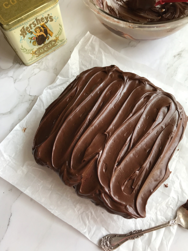 chocolate snack cake with can of cocoa and bowl of frosting