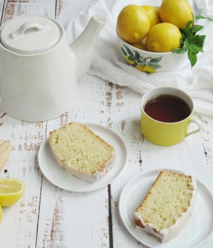 lemon loaf cake with tea teapot and plates crate and barrel