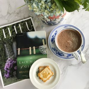 flatlay Milieu magazine a book cookies flowers and hot chocolate-2
