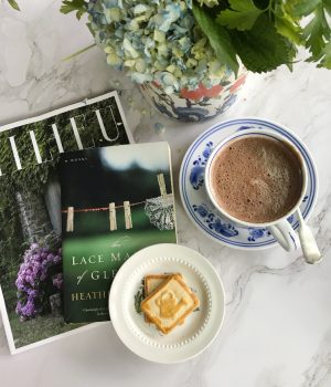 flatlay Milieu magazine a book cookies flowers and hot chocolate-2