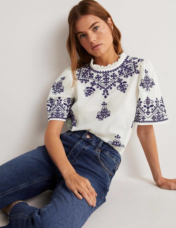 blue and white Boden flutter top