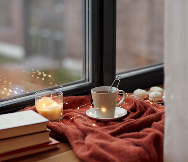 fall drink in front of a window with books and a blanket