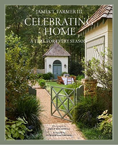 book cover of Celebrating Home James Farmer with a garden gate and a small folly with a blue door