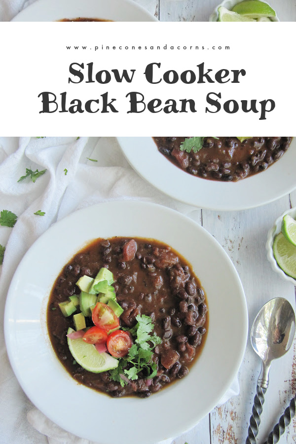 easy black bean soup 2 white bowls wood bowl of scoops chips and limes-3
