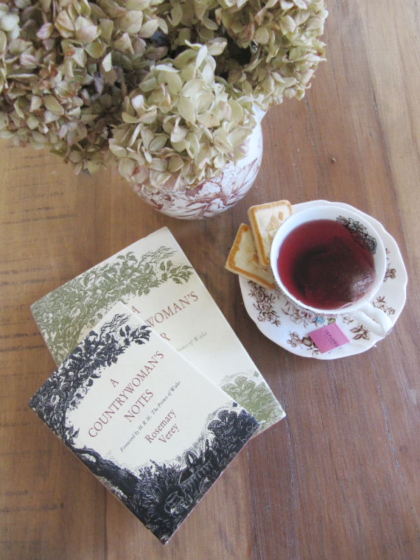 weekend meanderings flatlay books tea hydragneas