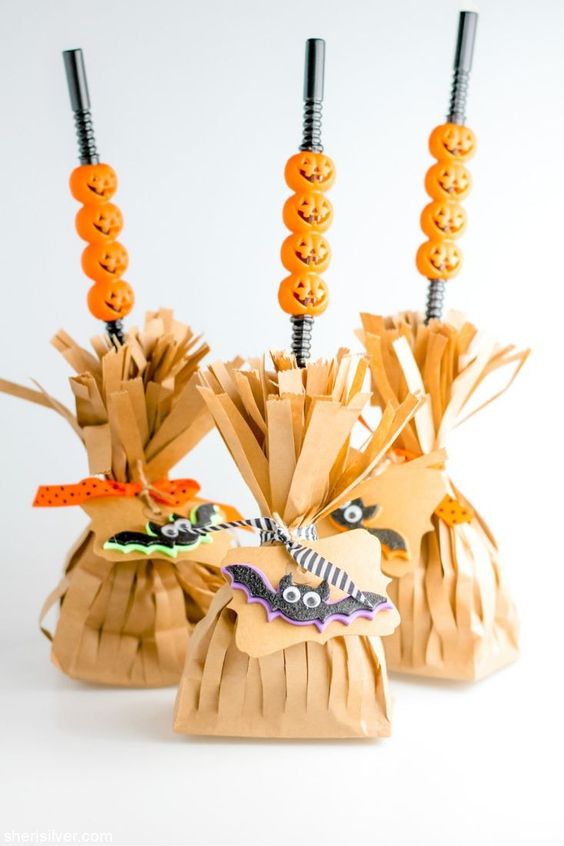 DIY paper bag witches broom treat bags