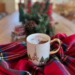 Anthropologie City Mug with hot chocolate on a plaid blanket.