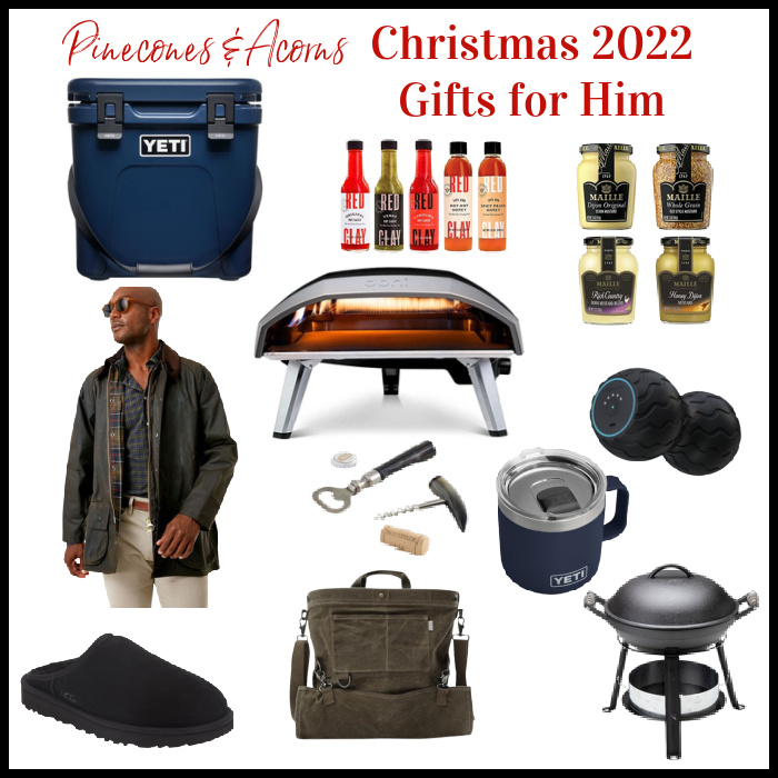 collage of Christmas gifts for men including a yeti cooler, cup, hot sauce, mustard, Barbour coat, slippers, grill.