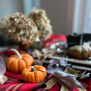 Fall pumpkins dried hydrangeas and pumpkins with fallen leaves
