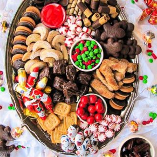 Christmas candy and cookie dessert board.