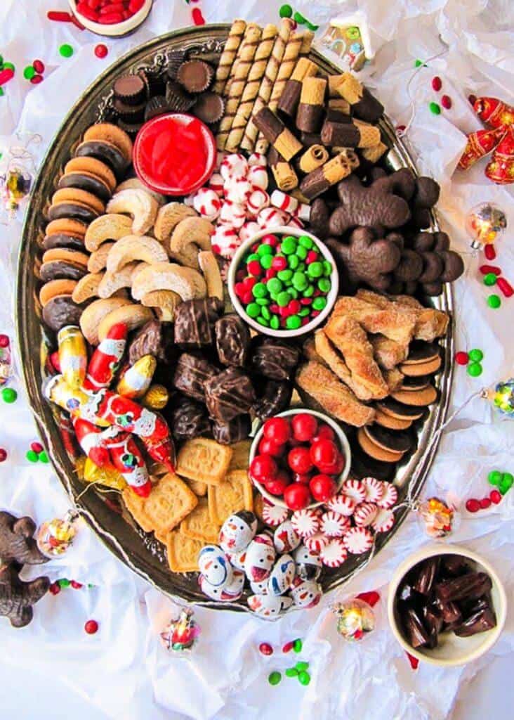 Christmas candy and cookie dessert board.