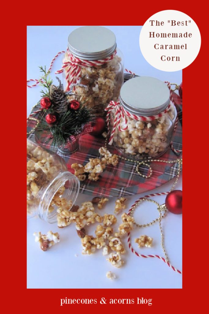 The Best homemade caramel corn in 3 jars one tipped over. 