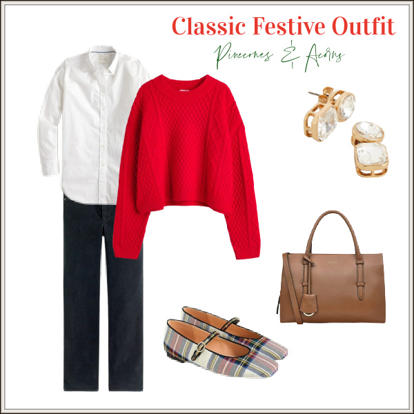 classic festive outift with red sweater plaid shoes.