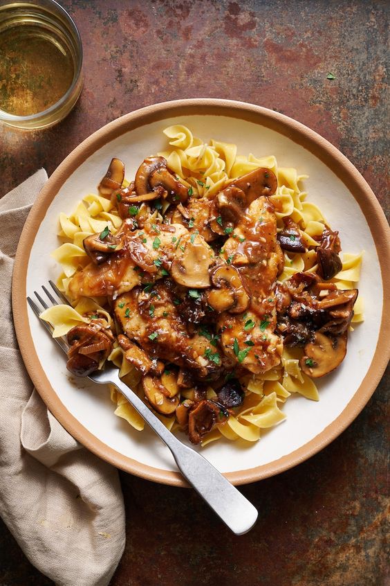 chicken marsala with buttered noodles