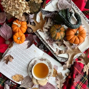 friday favorites flatlay with pumpkins books tea and plaid