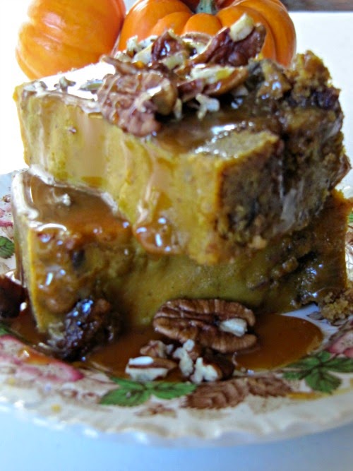 pumpkin bread pudding with salted caramel sauce