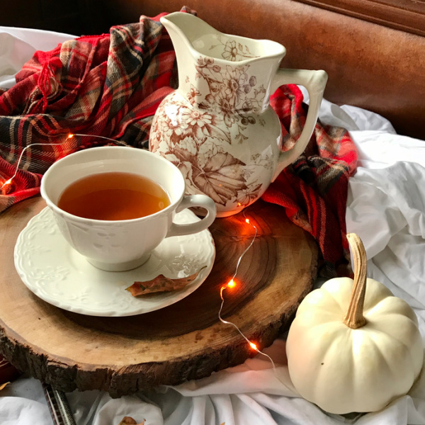 tea and brown transfer ware with a pumpkin
