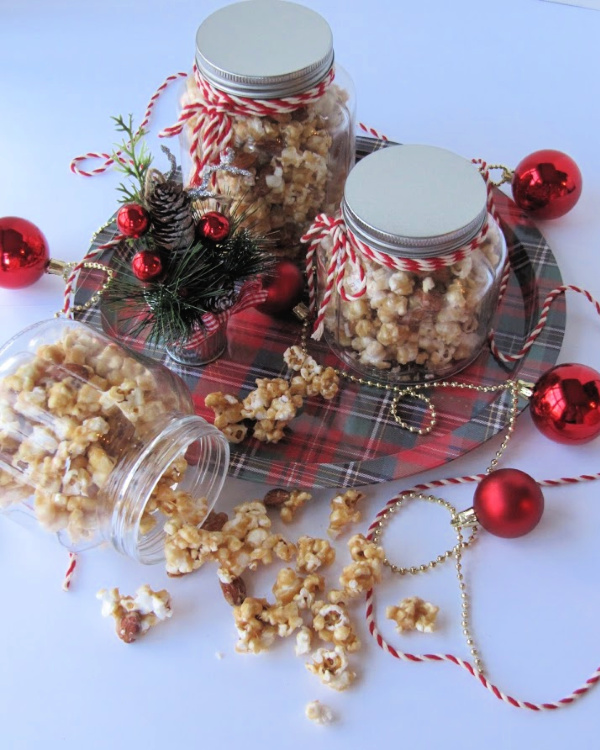 flatlay of three jars of caramel corn. 