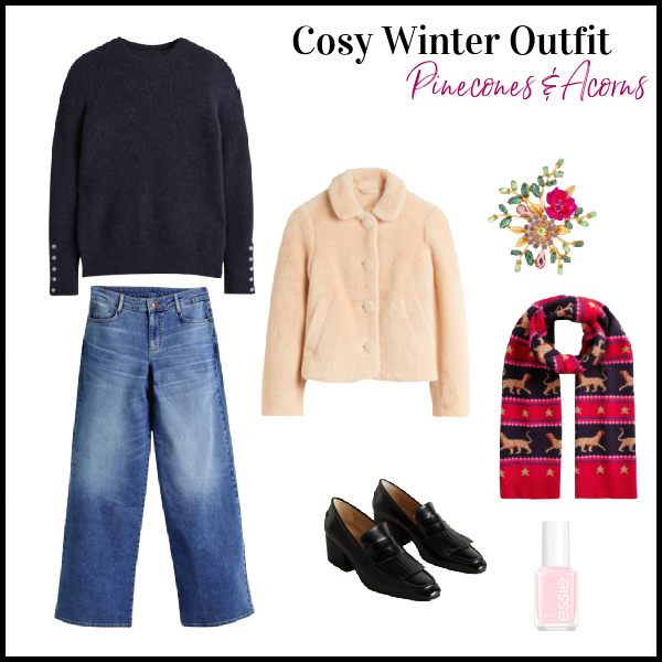 Cosy Winter outfit with blue sweater, scarf, faux fur coat, black shoes and jeans.