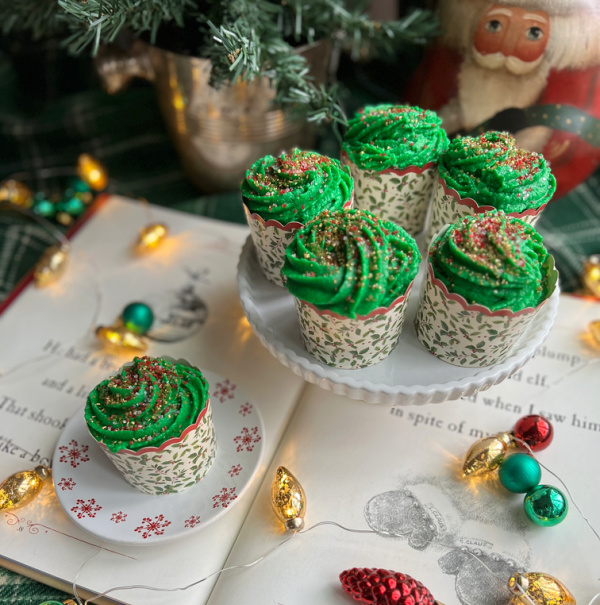 christmas cupcakes with green buttercream flatlay