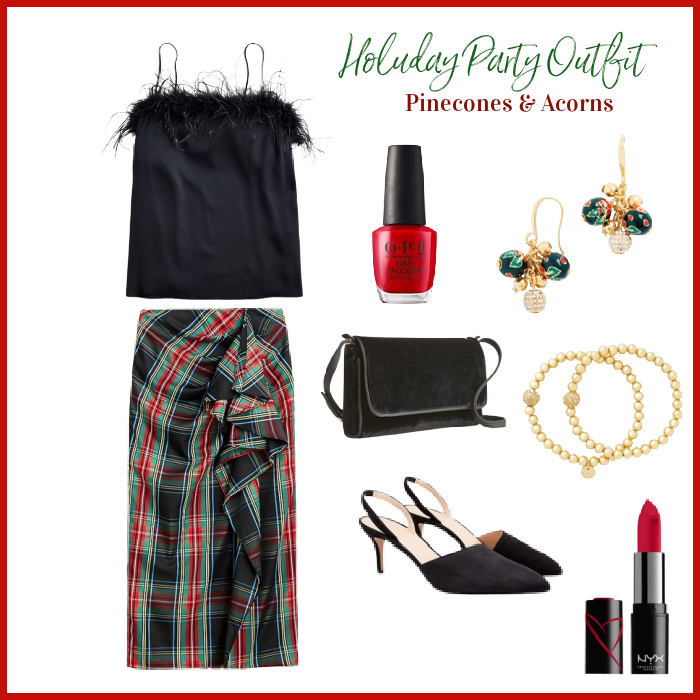 holiday party outfit black feathers and plaid