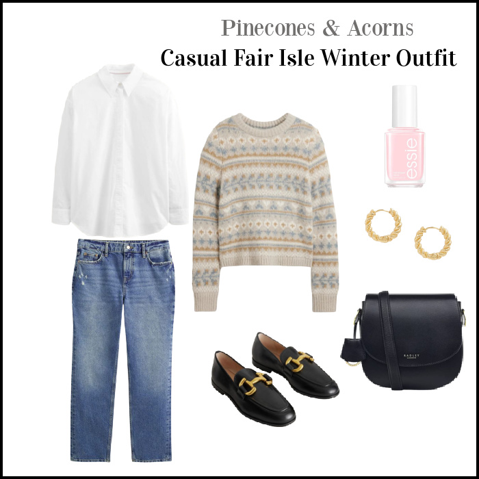Collage classic casual fair isle outfit with a white button down shirt, a tan and gray fair isle sweater, jeans, black loafers, black cross body bag, gold hoop earrings and pink nail polish. 