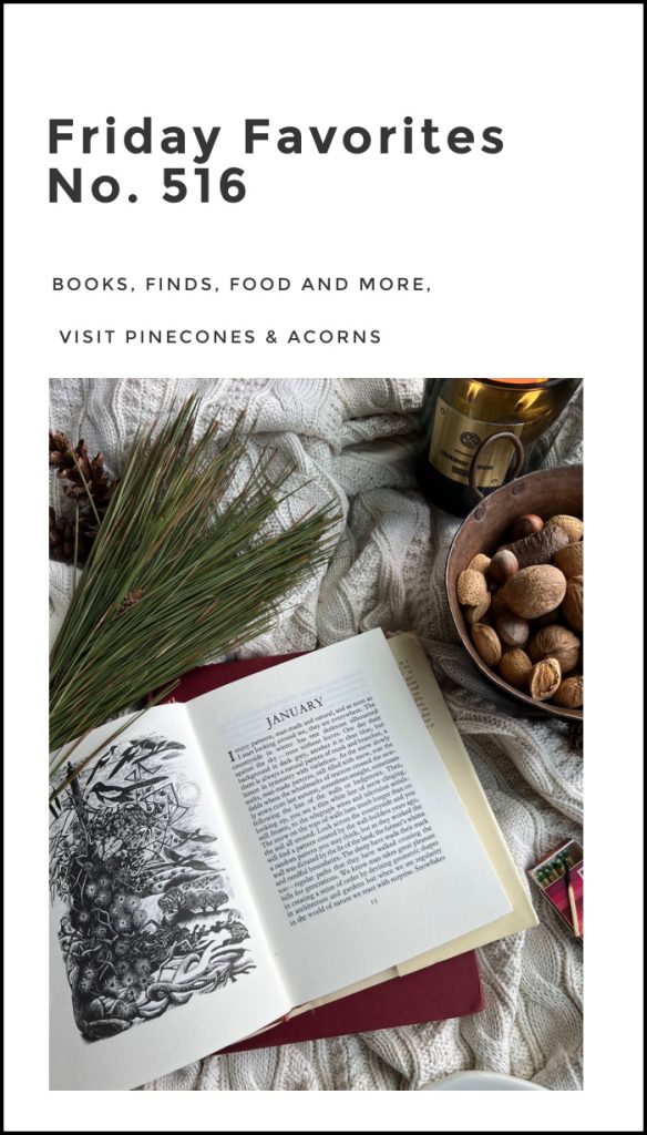 Friday Favorites No. 516 with a book, pineneedle spray a bowl of nuts and a candle.