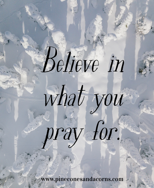 Snow scent with text over the top, "believe in what you pray for."