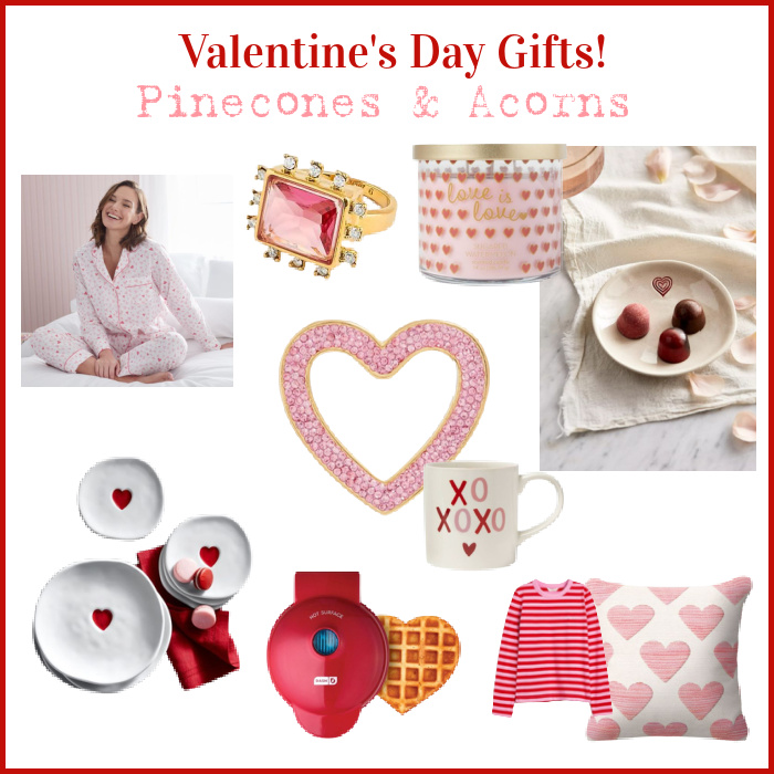 Collage of Valentine's Day gifts including a ring, heart waffle maker, pink candle, heart plates, heart pajamas. 