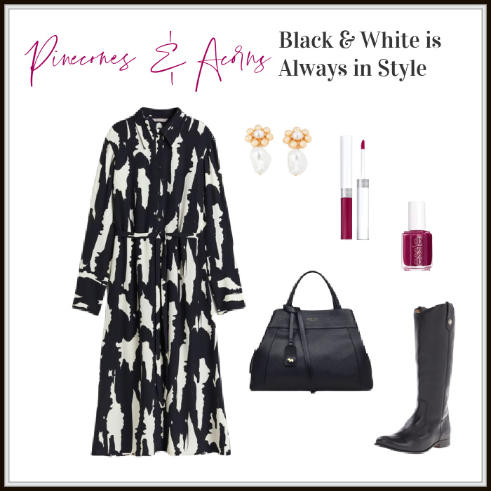 black and white outfit with dress boots bag lipstick and polish.