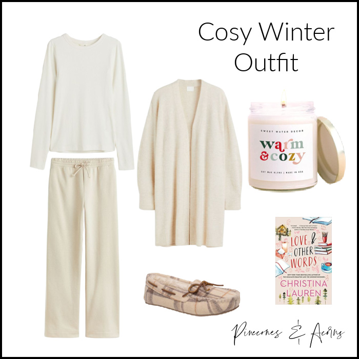 cosy winter outfit with a sweater shirt pants book slippers and a candle
