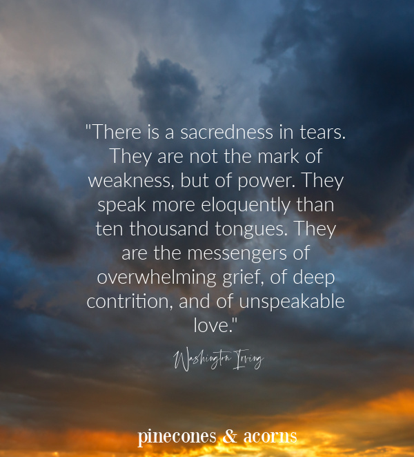 "There is a sacredness in tears. They are not the mark of weakness, but of power. They speak more eloquently than ten thousand tongues. They are the messengers of overwhelming grief, of deep contrition, and of unspeakable love." Washington Irving