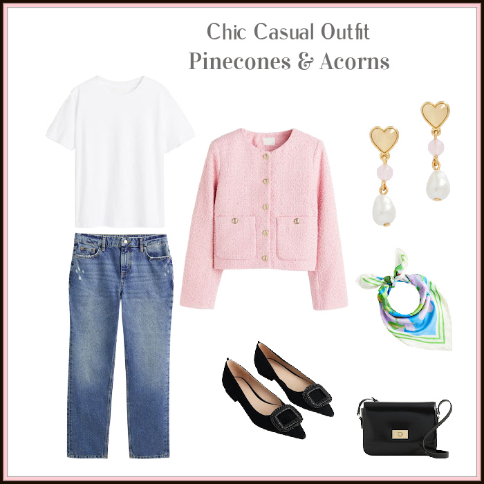 Classic Casual outfit for spring with pink jacket, white t-shirt, jeans, black shoes, purse, heart and pearl earrings and a pastel silk scarf. 