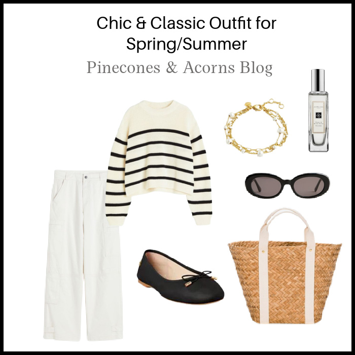 Chic & Classic Outfit Spring and Summer with white pants, stripped sweater and straw tore. 