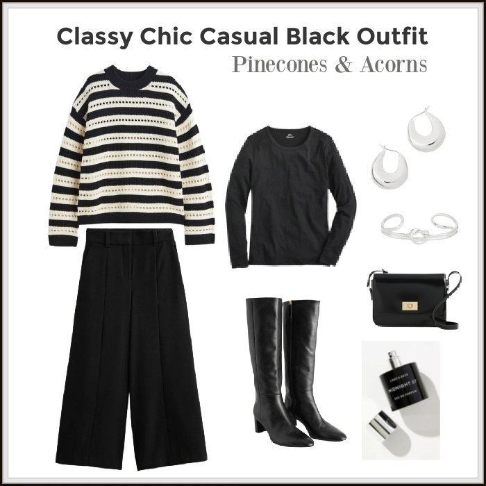 Classic Chic Casual Outfit collage with black pants, boots, purse, shirt and black dn white sweater, along with a silver bracelet and earrings and perfume in a black and silver bottle called muse. 
