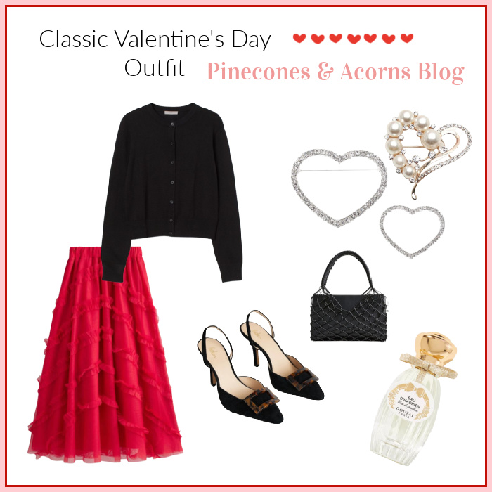 Classic Chic Valentine Outfit with red skirt, black sweater, pumps and bag, as well as 3 heart brooches, one with pearls and a bottle of perfume. 
