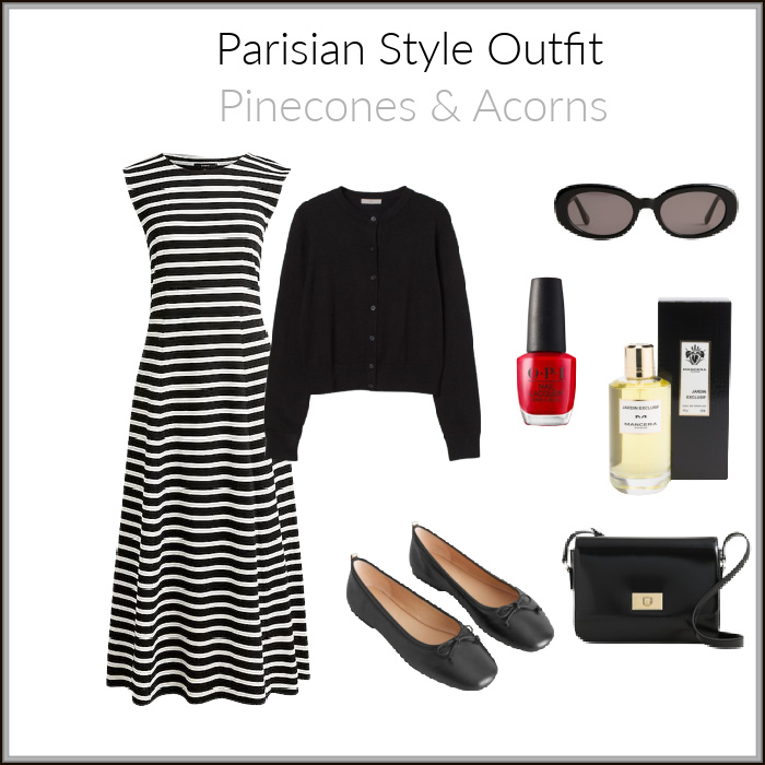 Parisian Style Outfit collage with black and white stripe dress, black sweater, shoes, bag and sunglasses.