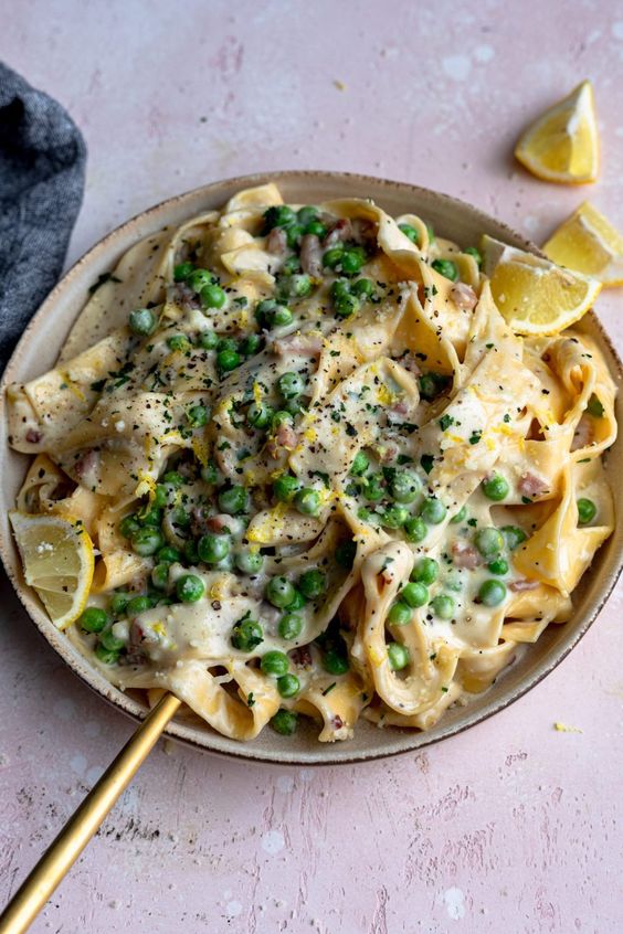 Lemon Alfredo Pappardelle pasta recipe in a bowl. 