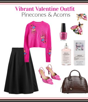 Valentine's Day date outfit with pink sweater, black skirt, earrings and bag.