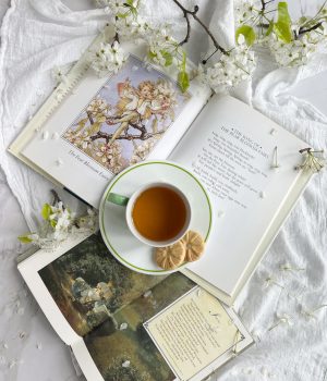 Spring flatlay with pear blossoms, books and tea.