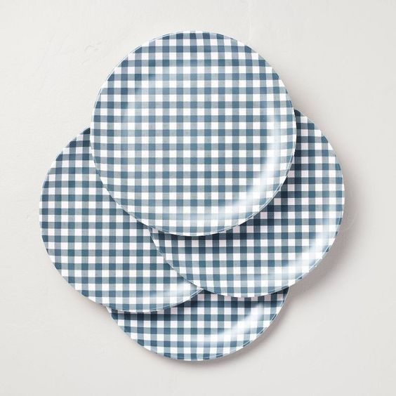 Blue and white gingham plates. 